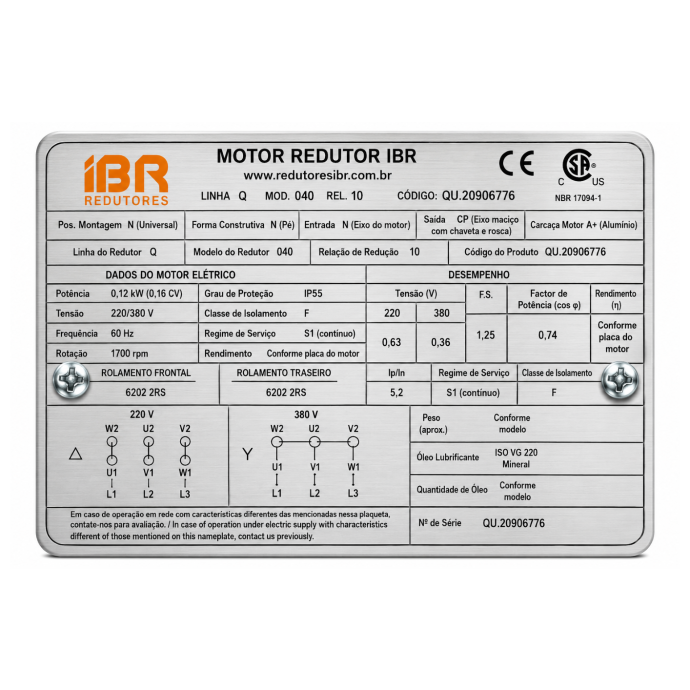 MOTOR REDUTOR IBR Q 040 10 N N N CP A+ QU.20906776 104.222