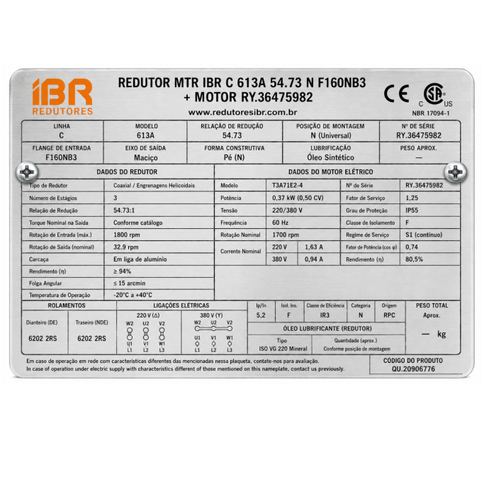 REDUTOR MTR IBR C 613A 54.73 N F160NB3+MOTOR RY.36475982 104.429